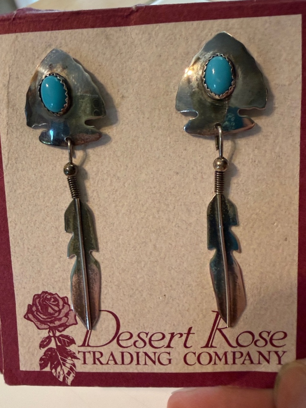 Desert Rose Turquoise Drop Feather Earrings - Silver Tone